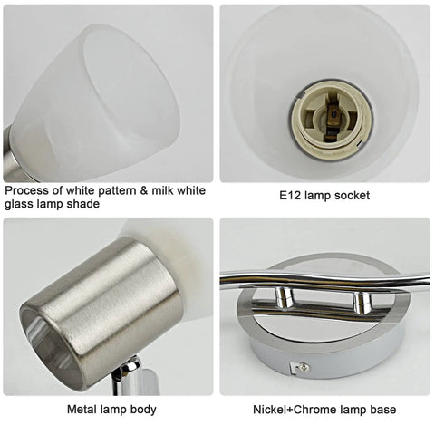 Close-up view of Six-Light Flexible Track Lighting Rail With Glass Shade LED Spot with E12 base and brushed steel finish.