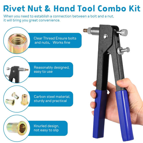 Hand holding 430 Pcs Rivet Nut Tool Kit M3 M4 M5 M6 M8 Alloy Steel Rivnut Set For Automotive, Aviation And Construction Use Black And Blue Finish Durable Hand Rivet Nut Tool