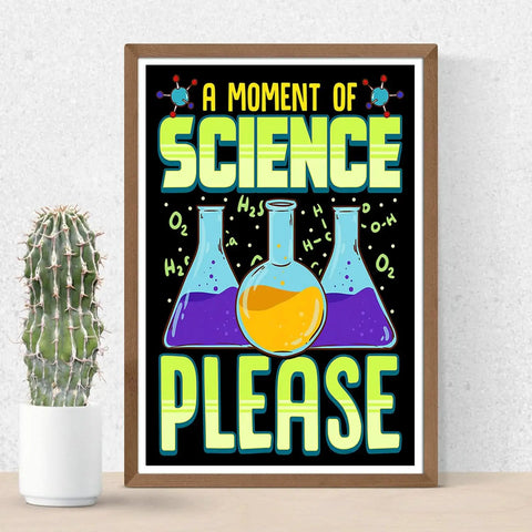 Science Themed Classroom Poster 12 By 18 Inch For High School Middle School And Elementary Decor Durable USA Made Print Perfect For Bulletin Boards Study Corners And Creative Learning Spaces with colorful science graphics of beakers and molecules framed with a cactus plant beside.