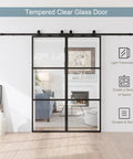 48 By 84 Inch Metal And Glass Sliding Double Barn Door With Hardware Kit Soft Close Included, installed view showing clear glass panels.