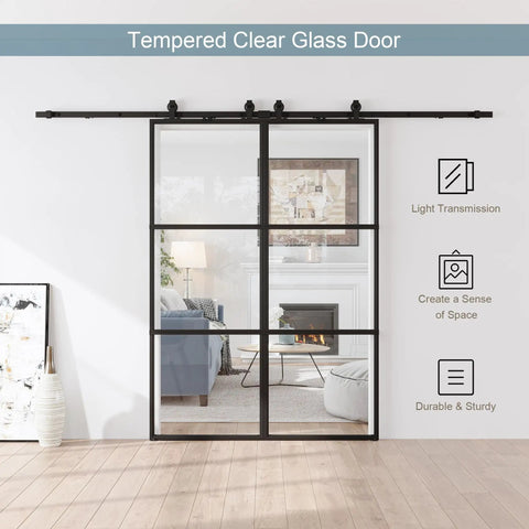 48 By 84 Inch Metal And Glass Sliding Double Barn Door With Hardware Kit Soft Close Included, installed view showing clear glass panels.