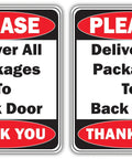Please Deliver All Packages To Back Door Sign, Red And Black Vinyl, 5x4 Inch Self Adhesive, Indoor Outdoor Use, No Drama Deliveries For Offices Stores Homes And Warehouses, Weather Resistant, 2 Pack