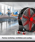 Heavy Duty Portable Floor Fan With Mega Reach Airflow And Easy Grip Handle Thirty Four Inch Sweep Three Adjustable Speeds To Kick Heat On Patios Warehouses Or Outdoor Venues in a factory workshop.