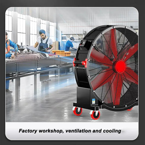 Heavy Duty Portable Floor Fan With Mega Reach Airflow And Easy Grip Handle Thirty Four Inch Sweep Three Adjustable Speeds To Kick Heat On Patios Warehouses Or Outdoor Venues in a factory workshop.
