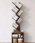 Six Tier Tree Bookshelf With Storage Cabinet For Small Spaces Narrow Floor Standing Book Rack with books and decor