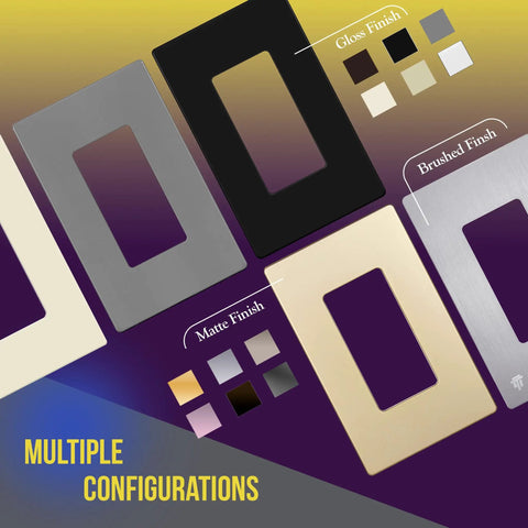 Screwless Decorator Wall Plate 1-Gang Gray Glossy Outlet Cover shown with multiple configurations and finishes