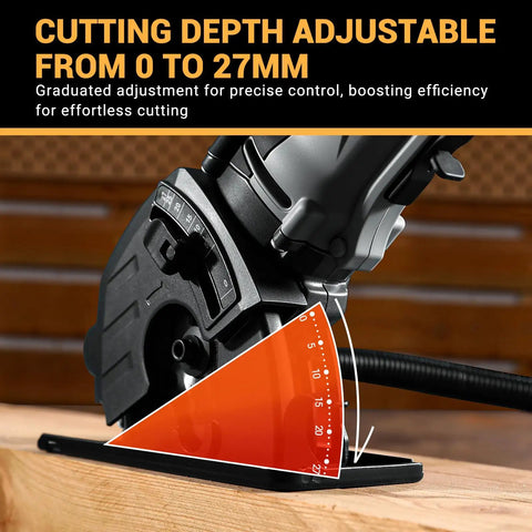 Close-up of Compact Electric Mini Circular Saw With Adjustable Depth Dial showing cutting depth from 0 to 27mm on wood.
