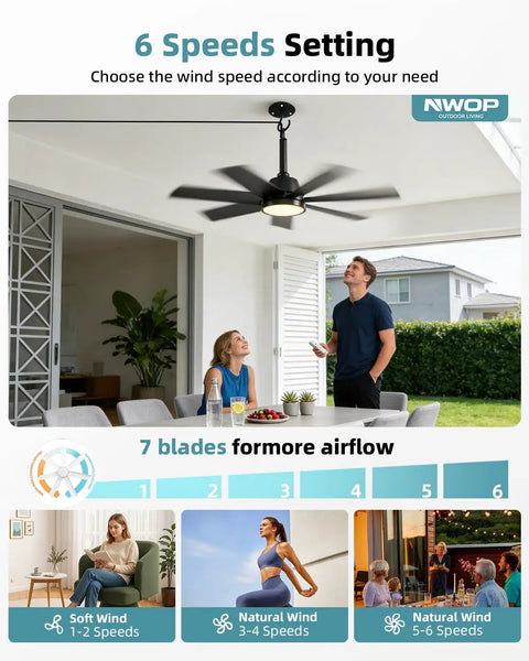 Outdoor Gazebo Ceiling Fan With Lights And Remote, 28 Inch LED 3CCT, installed on patio with people, highlighting 6 speeds