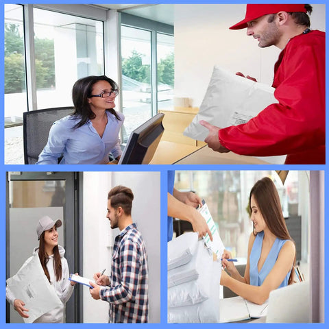 Collage of people using 100 Pack White Poly Mailers Shipping Bags Assorted Sizes 6x11 8x12 10x13 12x17 Self Sealing Waterproof Tear Proof Packaging Bags For Clothing Books Gifts The Go-To Mailer Solution