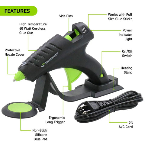 Cordless High Temperature Glue Gun 60W with Standby Base and 380 Degrees F Bonding Power with features labeled