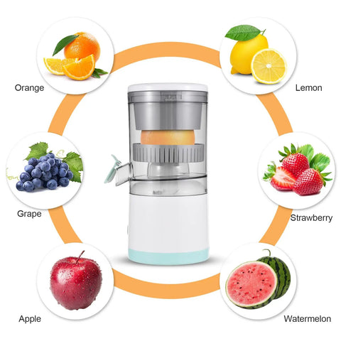 Handheld Citrus Juicer Electric For Oranges Lemons Limes USB Rechargeable Portable Squeezer with fruits around.