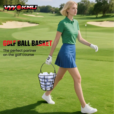Woman carrying Two Pack Golf Ball Basket With Handle, Portable Stainless Steel Buckets That Hold 50 Balls on a golf course