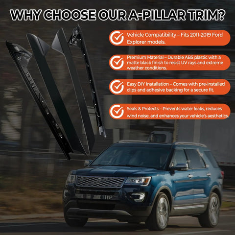 Black A-pillar trim molding kit for Ford Explorer (2011–2019); left and right outer and inner sides, 4-piece set