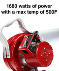 Close-up of Masterflow Heat Blower Electric Heat Gun showing handle and control panel, 1680W with 500°F temperature feature.