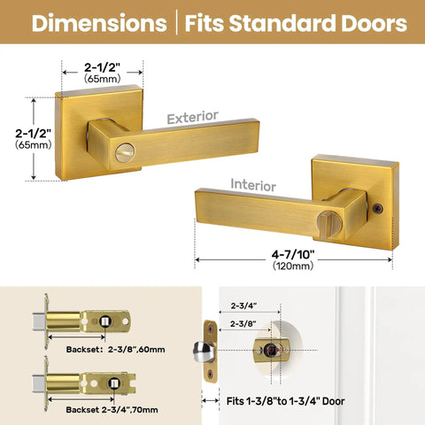 Interior Door Handles With Privacy Lock In Antique Brass Finish Old School Vintage Style Door Levers dimensions and installation details.