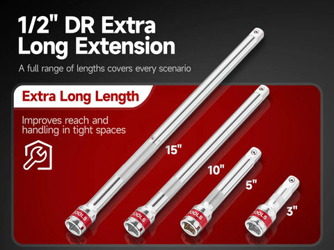 5 Piece One Half Inch Drive Socket Extension Set With Universal Joint For Tight Spaces Auto Repair And Home Improvement Premium Pro Grade Durable Steel Built For Tough Spots And Easy Access, 3 to 15 in