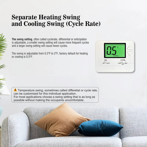 No Frills Manual Thermostat For Home With 1 Heat 1 Cool Non Programmable Control Green Backlight on living room wall