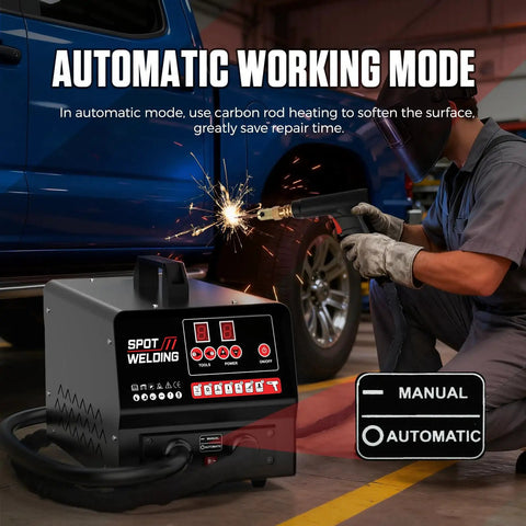 Technician using Beast Grade Stud Welder Dent Repair Kit With 4200A Auto Body Welding Power in automatic mode on a vehicle dent.