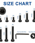 Size chart for M3 Hex Socket Head Cap Screws Kit, featuring various screw lengths, nuts, and Allen wrench key, black zinc finish.