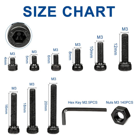 Size chart for M3 Hex Socket Head Cap Screws Kit, featuring various screw lengths, nuts, and Allen wrench key, black zinc finish.