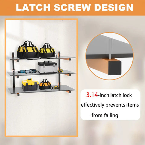Wall-mounted shelf with 3-tier storage and latch screw design, part of the Beefy 9 Level Wall Mount Wood Storage Rack With 1080 Lbs Capacity, Rugged Garage Shelving, Folding Orange Brackets, 6 Pack Hanging Metal Shelves For Indoor And Outdoor Use.