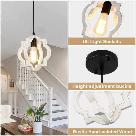 Farmhouse Chandelier Pendant Light With Distressed White Wood And Black Accent Adjustable Height in modern living room