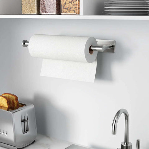 Wall-mounted Stainless Steel Paper Towel Holder With Self Adhesive Or Drilling Mount Brushed Nickel Finish in kitchen setting