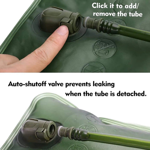 Close-up of 2L Hydration Bladder For Hiking Backpacks And Running Gear BPA Free Leak Proof Water Reservoir showing tube attachment
