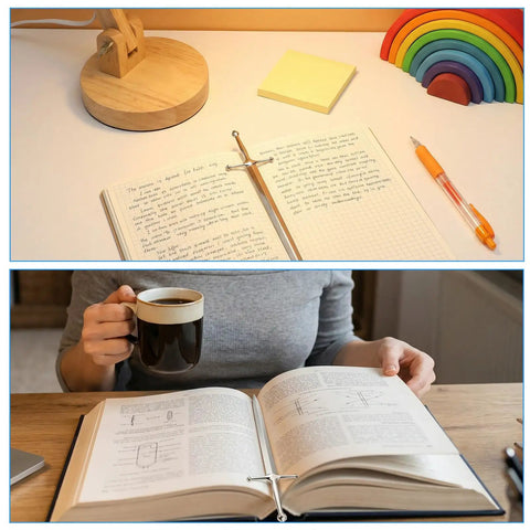 Vintage Sword Style Letter Opener For Envelopes And Mail placed on open notebooks and books with a cup on a desk.