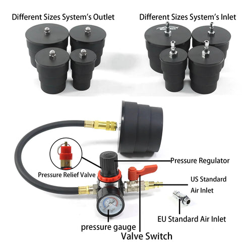 Wzyblixo turbo leak tester kit with 9 stepped rubber adapters, pressure gauge, regulator, and inlet fittings