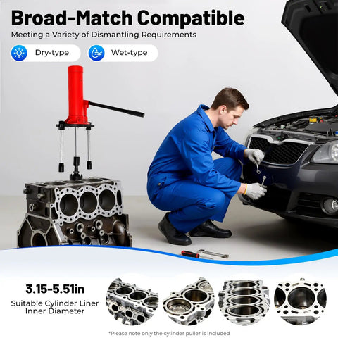15T Hydraulic Cylinder Liner Puller Universal 80 to 135mm Wet Dry Sleeve Removal Tool For Engine And Tractor Repair Heavy Duty Liner Puller With Ergonomic Press Rod And Rugged Pro Grade 45 Steel Construction, wet and dry use, 80-135mm sleeve removal