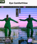E2712K monitor eye comfort comparison with blue light filter, flicker-free, anti-glare features against a scenic background.