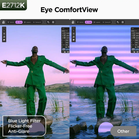 E2712K monitor eye comfort comparison with blue light filter, flicker-free, anti-glare features against a scenic background.