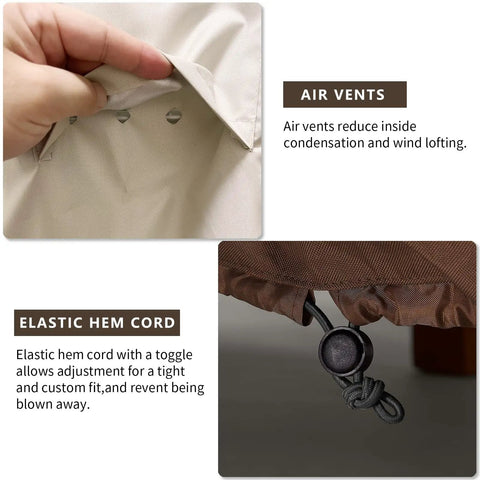 Close-up of air vents and elastic hem cord on Outdoor Two Seater Loveseat Cover Waterproof Beefed Up Heavy Duty Patio Sofa Cover 58W x 33D x 32H Inches Beige And Brown Weatherproof Shield To Keep Your Couch Safe From Sun Rain And Dirt.
