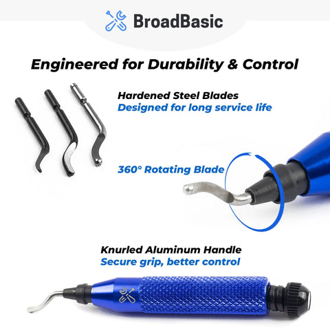 Front view of blue knurled aluminum deburring tool with storage handle, 360° rotating blade, and 20 high-speed steel blades