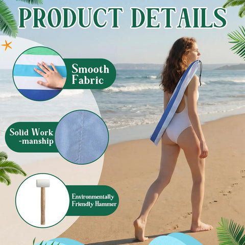 Woman holding 20 Ft Stripe Beach Windscreen Set With Six Hardwood Poles Rubber Mallet And Carry Bag Portable Sand Wind Blocker