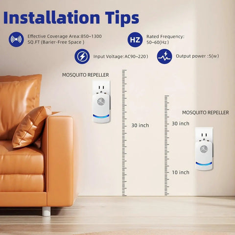 Installation tips for Upgraded Ultrasonic Pest Repeller 2026 6 Pack Plug In Indoor Pest Be Gone on a wall near a sofa.