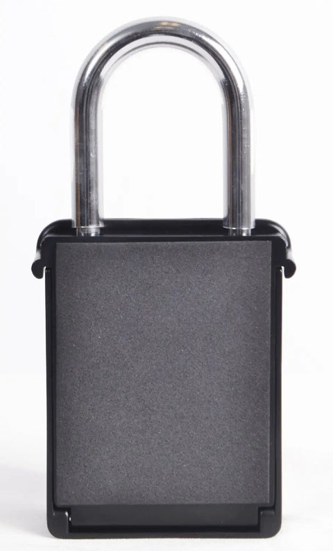 Front view of a 12 Pack Key Safe Lock Boxes With Set Your Own 4 Digit Combination, black design, for real estate key storage.