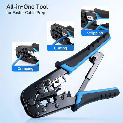 RJ45 Crimp Tool With Built In Wire Cutter And Stripper Pro Grade Ethernet Crimper for Custom Patch Cables detailed view
