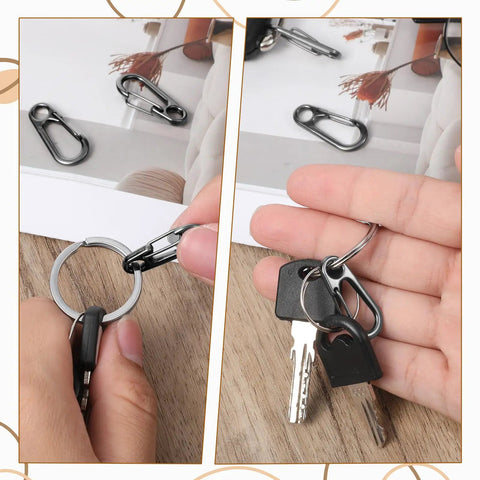 Hands holding and using 30 Pack Mini Carabiner Clips Keychain Snaps Durable Zinc Alloy Micro Carabiners for organizing keys.