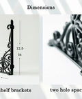 Dimensions of Heavy Duty Wrought Iron Shelf Brackets Two Pack Antique Black Corbels, measuring 12.5 inches.