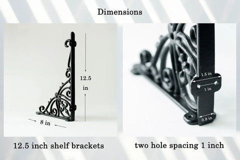 Dimensions of Heavy Duty Wrought Iron Shelf Brackets Two Pack Antique Black Corbels, measuring 12.5 inches.