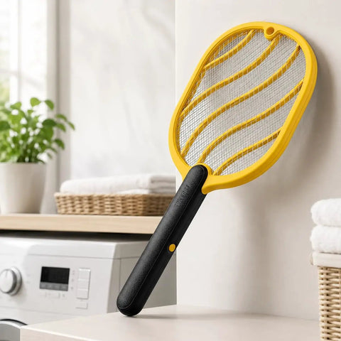 Next Level Handheld Bug Zapper Racket With Batteries Included, Safe Three Layer Mesh, in a kitchen setting.