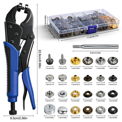 Heavy Duty Snap Fastener Tool Kit With 5 Dies And 15mm Metal Snaps 266 Piece Stainless Steel Snap Tool Set In Four Color Finish