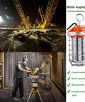 Construction and work stations lit by 60W LED Work Light With 8400 Lumens, 5000K Daylight Output, portable plug-in flood light.