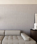 Living room with Easy Peel and Stick Wallpaper 20.8 by 393 Inches Removable Self Adhesive Non Woven Wall Covering with 3D Embossed Stripe Modern Silver Grey.