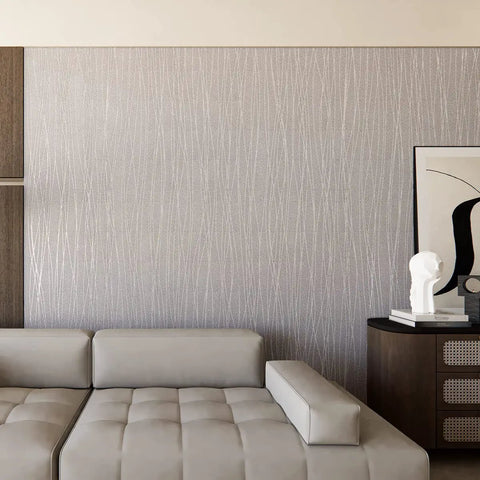 Living room with Easy Peel and Stick Wallpaper 20.8 by 393 Inches Removable Self Adhesive Non Woven Wall Covering with 3D Embossed Stripe Modern Silver Grey.