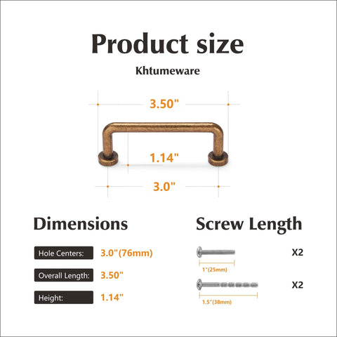 Product size chart for Antique Brass Cabinet Pulls Set For Vintage Farmhouse Kitchen And Wardrobe Hardware with dimensions and screws