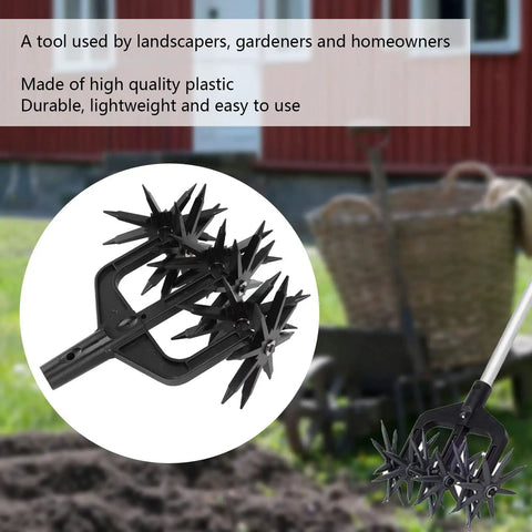 Heavy Duty Garden Rotary Cultivator and Soil Scarifier with ABS long spikes for aeration, shown in a yard setting.