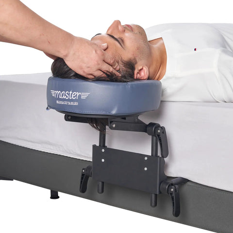 Home Mattress Top Massage Kit In Royal Blue With Adjustable Height 3 To 17 Inches, headrest cushion in use during a massage